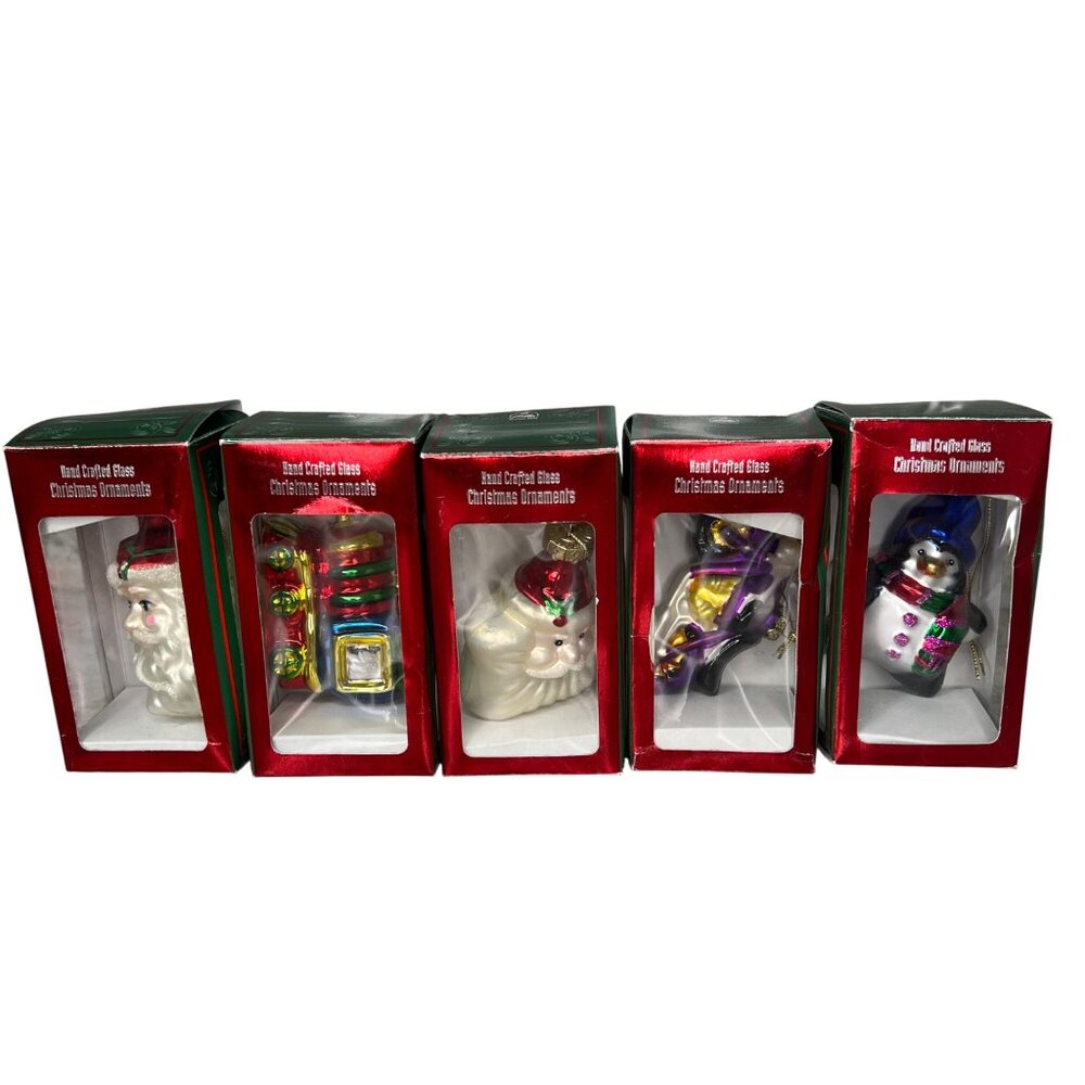 Handcrafted Glass Christmas Ornaments Set Of 5 Santa Train Snowman Dollar Tree